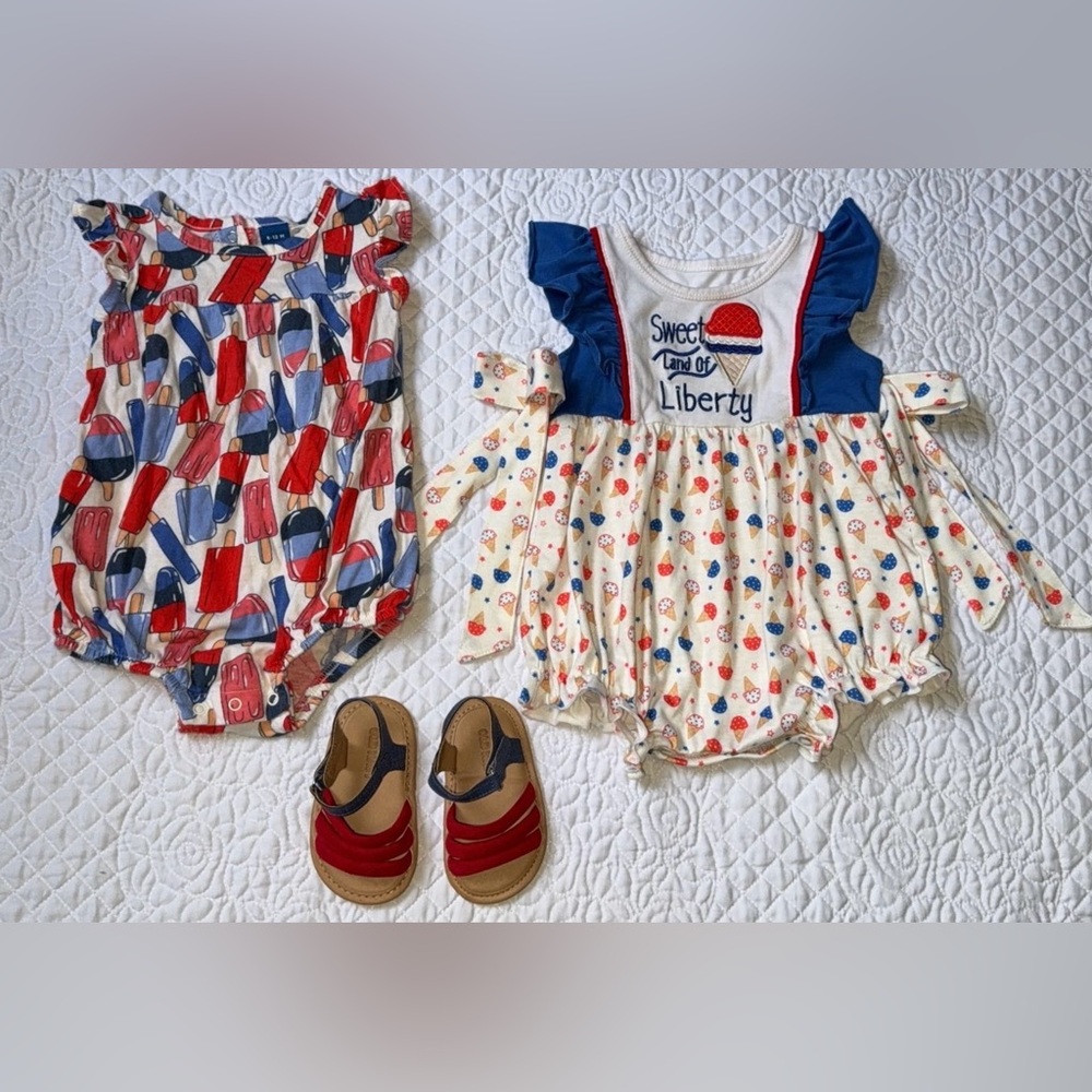 Boutique Baby Girls 4th of July Rompers and
Sandals Set 6-12 months bubble